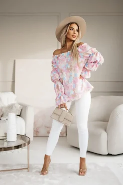 BLUZKA KOSZULOWA INEZ HISZPANKA BEŻOWA W KWIATY