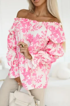 BLUZKA KOSZULOWA INEZ HISZPANKA BEŻOWO-RÓŻOWA W KWIATY