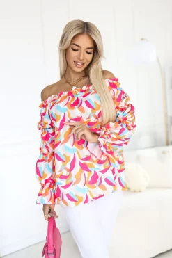 BLUZKA KOSZULOWA INEZ HISZPANKA POMARAŃCZOWO-RÓŻOWA