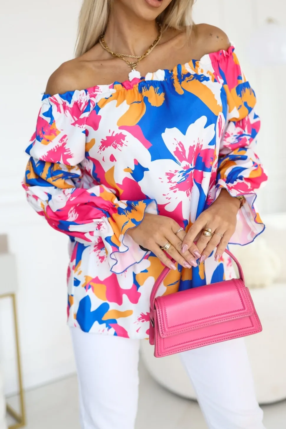 BLUZKA KOSZULOWA INEZ HISZPANKA GRANATOWO-RÓŻOWA W KWIATY