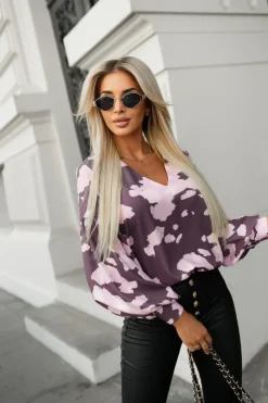 BLUZKA KOSZULOWA ISABEL Z SZEROKIMI RĘKAWAMI BRĄZOWO-RÓŻOWA