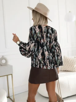 BLUZKA KOSZULOWA ISABEL Z SZEROKIMI RĘKAWAMI CZARNO-ZIELONA