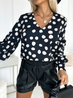 BLUZKA KOSZULOWA ISABEL Z SZEROKIMI RĘKAWAMI CZARNA W BEŻOWE GROCHY