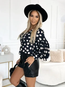 BLUZKA KOSZULOWA ISABEL Z SZEROKIMI RĘKAWAMI CZARNA W BEŻOWE GROCHY