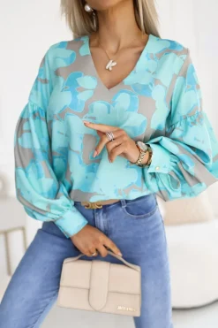 BLUZKA KOSZULOWA ISABEL Z SZEROKIMI RĘKAWAMI MIĘTOWO-BEŻOWA