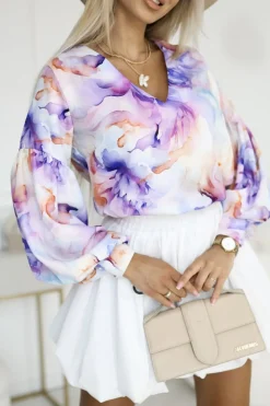 BLUZKA KOSZULOWA ISABEL Z SZEROKIMI RĘKAWAMI PASTELOWA LAWENDA-POMARAŃCZ