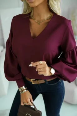 BLUZKA KOSZULOWA ISABEL Z SZEROKIMI RĘKAWAMI BURGUNDOWA