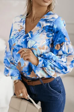 BLUZKA KOSZULOWA ISABEL Z SZEROKIMI RĘKAWAMI NIEBIESKO-BIAŁA W LIŚCIE