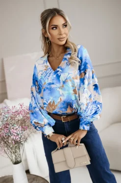 BLUZKA KOSZULOWA ISABEL Z SZEROKIMI RĘKAWAMI NIEBIESKO-BIAŁA W LIŚCIE