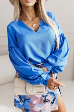 BLUZKA KOSZULOWA ISABEL Z SZEROKIMI RĘKAWAMI NIEBIESKA