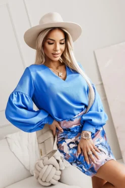 BLUZKA KOSZULOWA ISABEL Z SZEROKIMI RĘKAWAMI NIEBIESKA