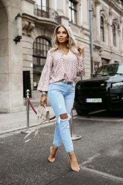 BLUZKA KOSZULOWA ISABEL Z SZEROKIMI RĘKAWAMI BEŻOWA W KROPKI