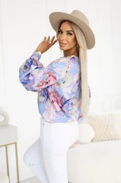 BLUZKA KOSZULOWA ISABEL Z SZEROKIMI RĘKAWAMI FIOLETOWO-PUDROWA W KWIATY