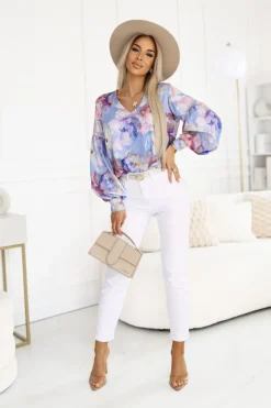 BLUZKA KOSZULOWA ISABEL Z SZEROKIMI RĘKAWAMI FIOLETOWO-PUDROWA W KWIATY