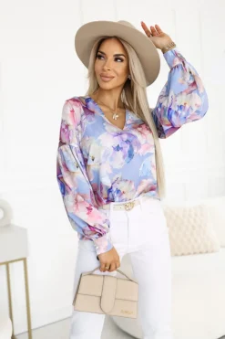 BLUZKA KOSZULOWA ISABEL Z SZEROKIMI RĘKAWAMI FIOLETOWO-PUDROWA W KWIATY