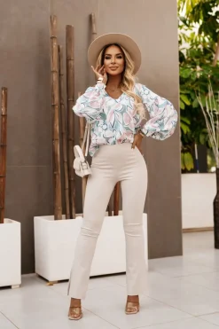 BLUZKA KOSZULOWA ISABEL Z SZEROKIMI RĘKAWAMI PASTELOWA W LIŚCIE