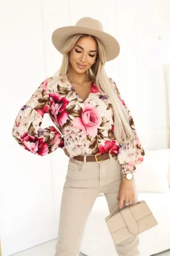 BLUZKA KOSZULOWA ISABEL Z SZEROKIMI RĘKAWAMI BEŻOWO-OLIWKOWA W KWIATY