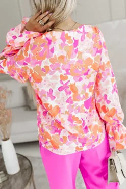 BLUZKA KOSZULOWA KLARA ECRU-POMARAŃCZOWA W KWIATY