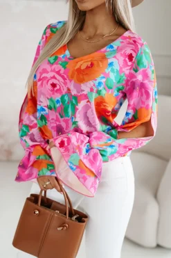 BLUZKA KOSZULOWA KLARA POMARAŃCZOWO-RÓŻOWA W KWIATY