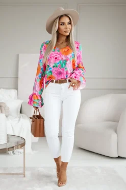 BLUZKA KOSZULOWA KLARA POMARAŃCZOWO-RÓŻOWA W KWIATY
