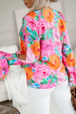 BLUZKA KOSZULOWA KLARA POMARAŃCZOWO-RÓŻOWA W KWIATY