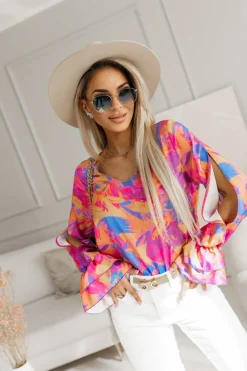 BLUZKA KOSZULOWA KLARA POMARAŃCZOWO-NIEBIESKA