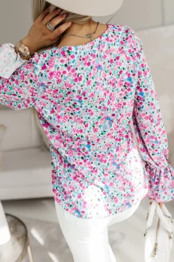 BLUZKA KOSZULOWA KLARA RÓŻOWO-BŁĘKITNA W KWIATY