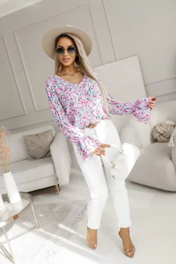 BLUZKA KOSZULOWA KLARA RÓŻOWO-BŁĘKITNA W KWIATY