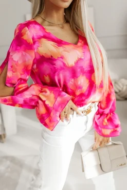 BLUZKA KOSZULOWA KLARA RÓŻOWO-MORELOWA W KWIATY