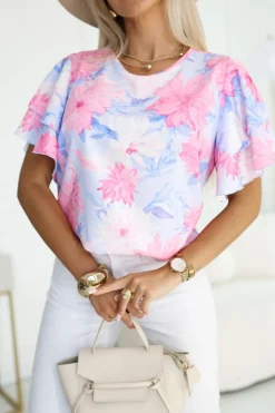 BLUZKA KOSZULOWA LAMBI Z MOTYLKOWYM RĘKAWEM BŁĘKITNO-RÓŻOWA W KWIATY