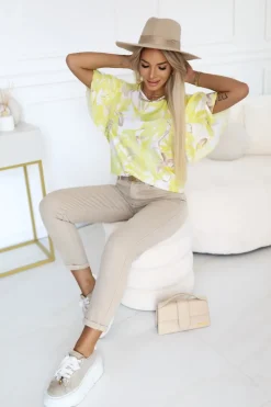 BLUZKA KOSZULOWA LAMBI Z MOTYLKOWYM RĘKAWEM W KWIATY ECRU-ŻÓŁTA