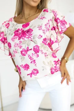 BLUZKA KOSZULOWA LAMBI Z MOTYLKOWYM RĘKAWEM BEŻOWO-RÓŻOWA W KWIATY