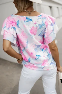 BLUZKA KOSZULOWA LAMBI Z MOTYLKOWYM RĘKAWEM BŁĘKITNA W KWIATY