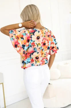 BLUZKA KOSZULOWA LAMBI Z MOTYLKOWYM RĘKAWEM W KWIATY POMARAŃCZOWO-NIEBIESKA