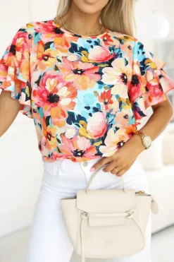 BLUZKA KOSZULOWA LAMBI Z MOTYLKOWYM RĘKAWEM W KWIATY POMARAŃCZOWO-NIEBIESKA