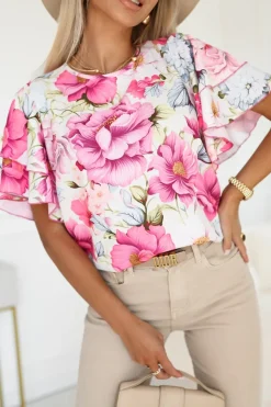 BLUZKA KOSZULOWA LAMBI Z MOTYLKOWYM RĘKAWEM W KWIATY BEŻOWO-RÓŻOWA