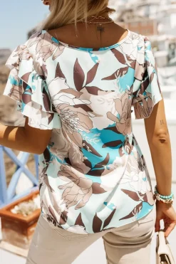 BLUZKA KOSZULOWA LAMBI Z MOTYLKOWYM RĘKAWEM BŁĘKITNO-BRĄZOWA W KWIATUSZKI