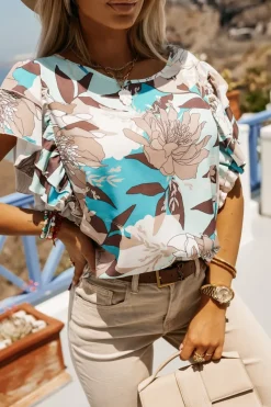 BLUZKA KOSZULOWA LAMBI Z MOTYLKOWYM RĘKAWEM BŁĘKITNO-BRĄZOWA W KWIATUSZKI