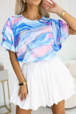 BLUZKA KOSZULOWA LAMBI Z MOTYLKOWYM RĘKAWEM BŁĘKITNO-RÓŻOWA