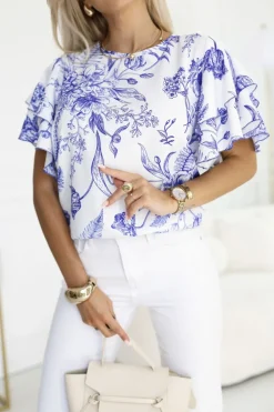 BLUZKA KOSZULOWA LAMBI Z MOTYLKOWYM RĘKAWEM BIAŁO-GRANATOWA W KWIATY