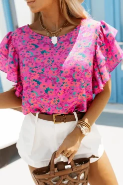 BLUZKA KOSZULOWA LAMBI Z MOTYLKOWYM RĘKAWEM RÓŻOWO-ZIELONA W KWIATUSZKI