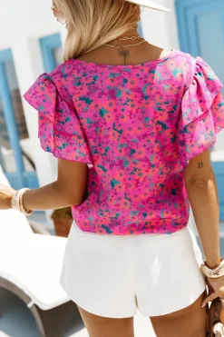 BLUZKA KOSZULOWA LAMBI Z MOTYLKOWYM RĘKAWEM RÓŻOWO-ZIELONA W KWIATUSZKI