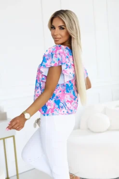 BLUZKA KOSZULOWA LAMBI Z MOTYLKOWYM RĘKAWEM NIEBIESKO-RÓŻOWA