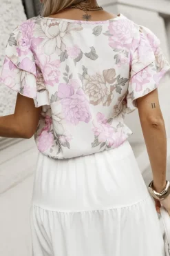 BLUZKA KOSZULOWA LAMBI Z MOTYLKOWYM RĘKAWEM BEŻOWA W KWIATY