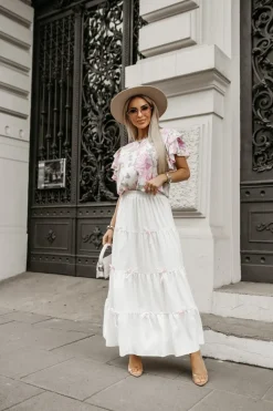 BLUZKA KOSZULOWA LAMBI Z MOTYLKOWYM RĘKAWEM BEŻOWA W KWIATY