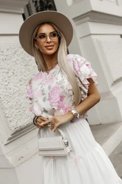 BLUZKA KOSZULOWA LAMBI Z MOTYLKOWYM RĘKAWEM BEŻOWA W KWIATY