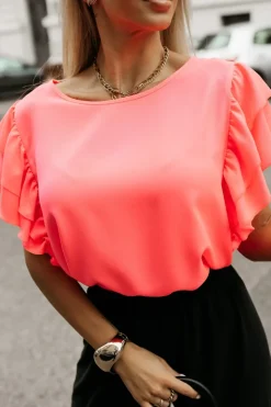 BLUZKA KOSZULOWA LAMBI Z MOTYLKOWYM RĘKAWEM NEON ŁOSOSIOWA