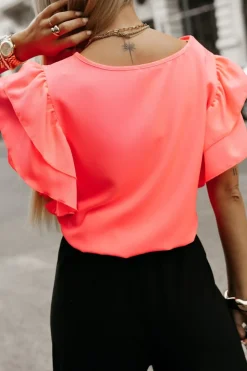 BLUZKA KOSZULOWA LAMBI Z MOTYLKOWYM RĘKAWEM NEON ŁOSOSIOWA