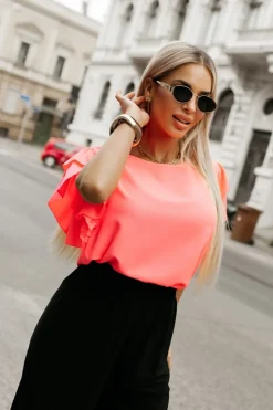 BLUZKA KOSZULOWA LAMBI Z MOTYLKOWYM RĘKAWEM NEON ŁOSOSIOWA