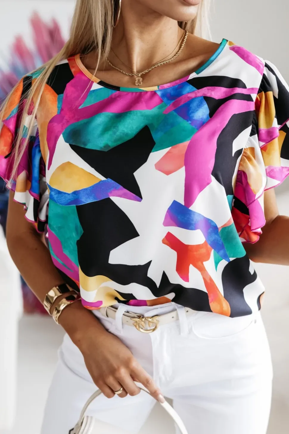 BLUZKA KOSZULOWA LAMBI Z MOTYLKOWYM RĘKAWEM MULTIKOLOROWA